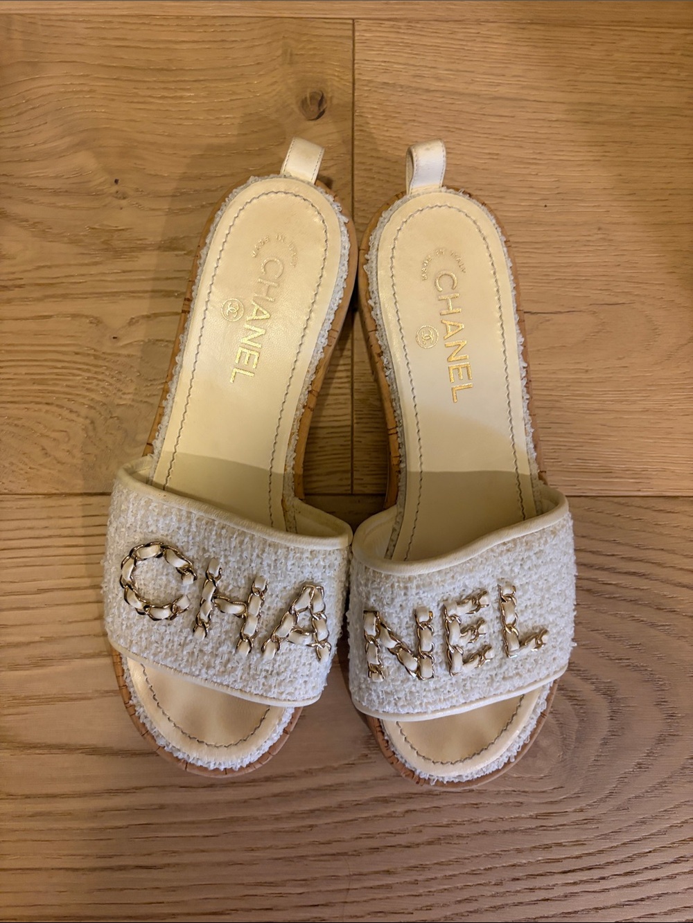 CHANEL Cream Tweed Slide Mules with Gold Logo